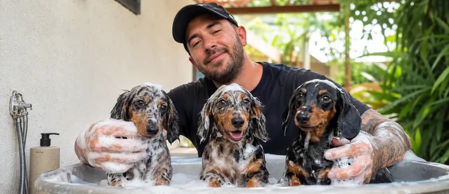 Cachorros Teckel siendo bañados — Criadero Perros Salchicha, El Retiro Antioquia